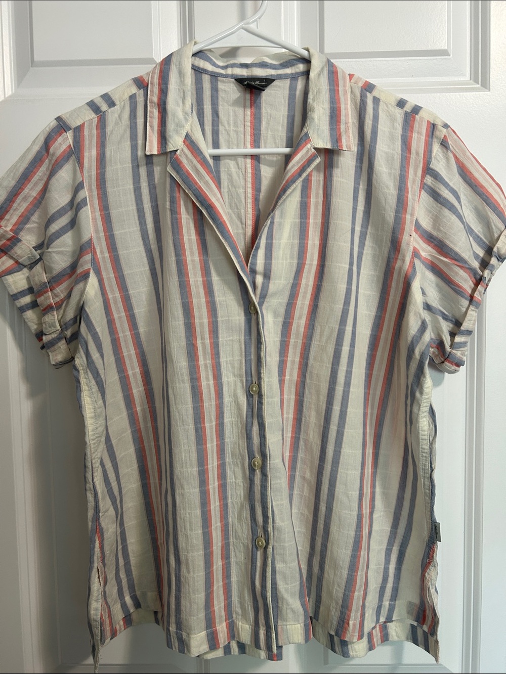 Eddie Bauer Cream Button-Down Shirt with Blue and Coral Stripes